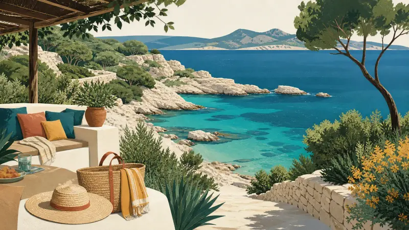 Illustrazione editoriale di un villaggio sardo tra macchia mediterranea, piscina e mare